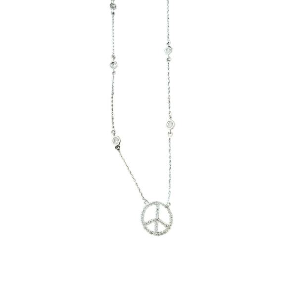 Peace Sign Sterling Silver necklace with cubic zirconia stations 16-18 In - Picture 2 of 3
